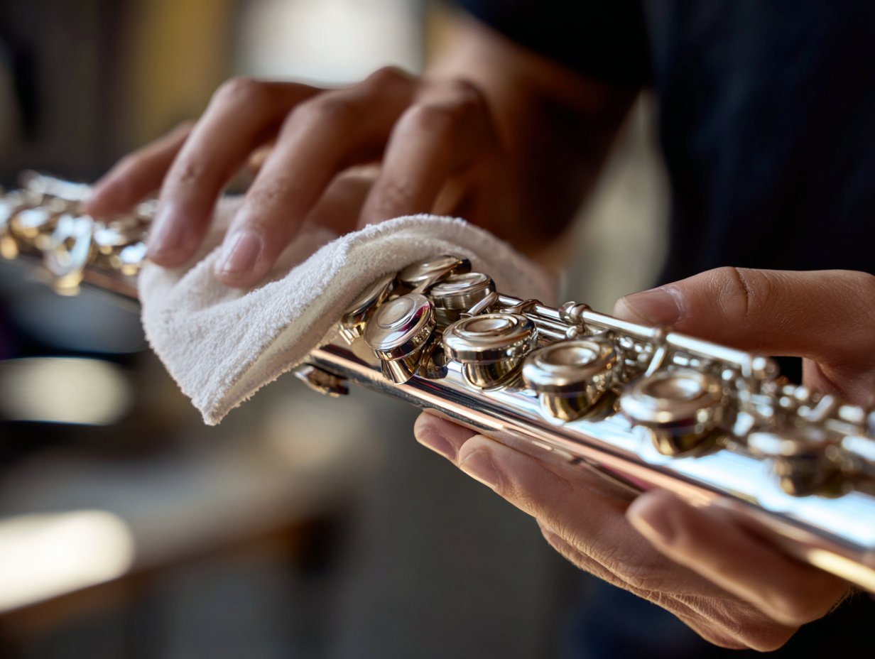 銀のフルートを布で大切に磨く様子,フルートのアップ,明るい室内