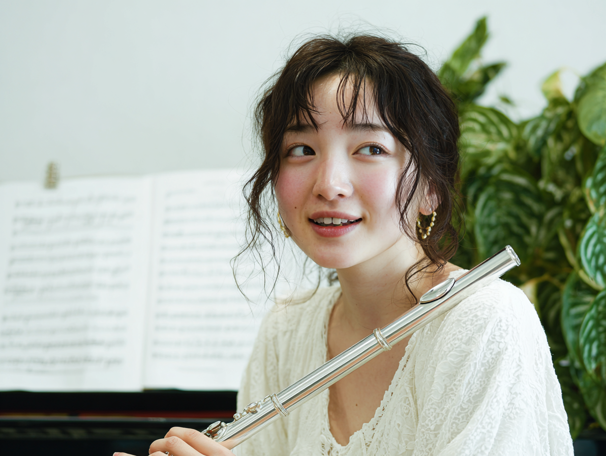 フルートを持って話す女性