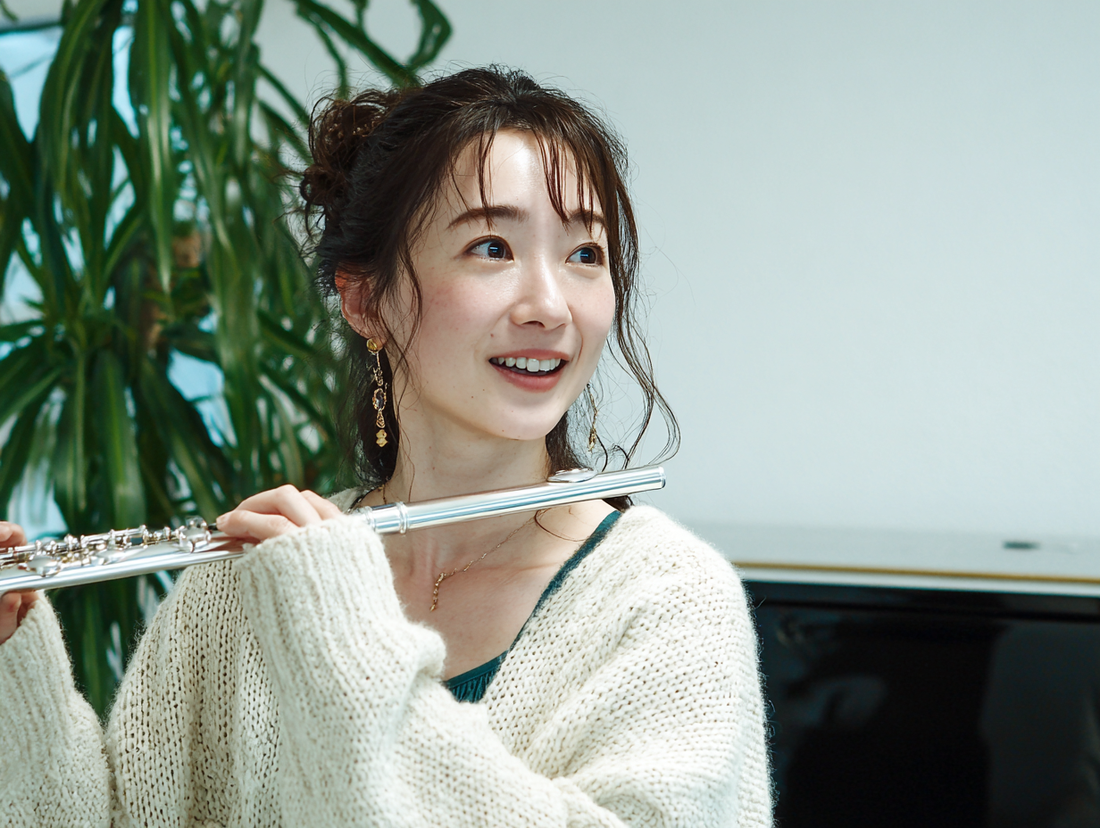 フルートを持って話す女性