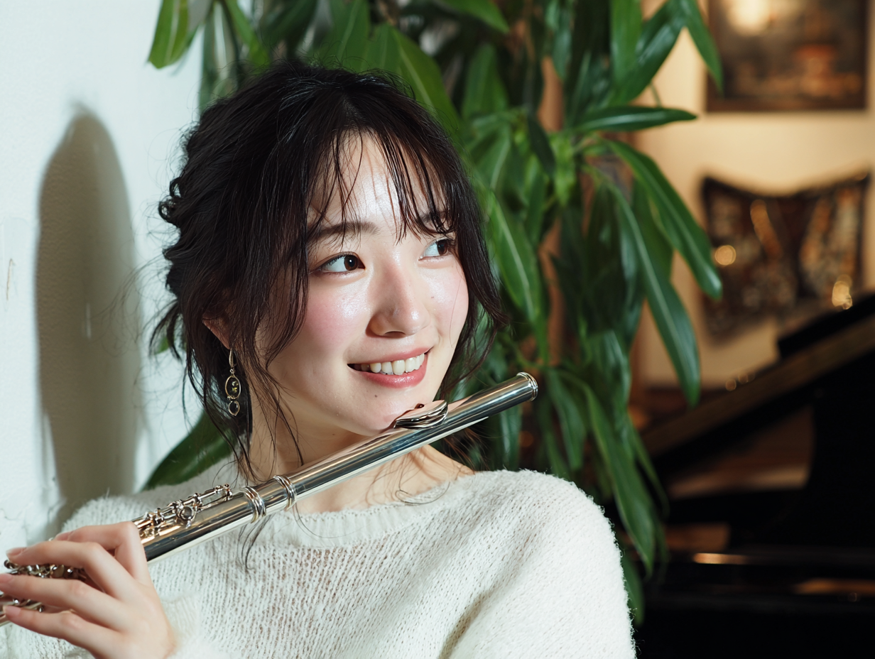 フルートを持って話す女性