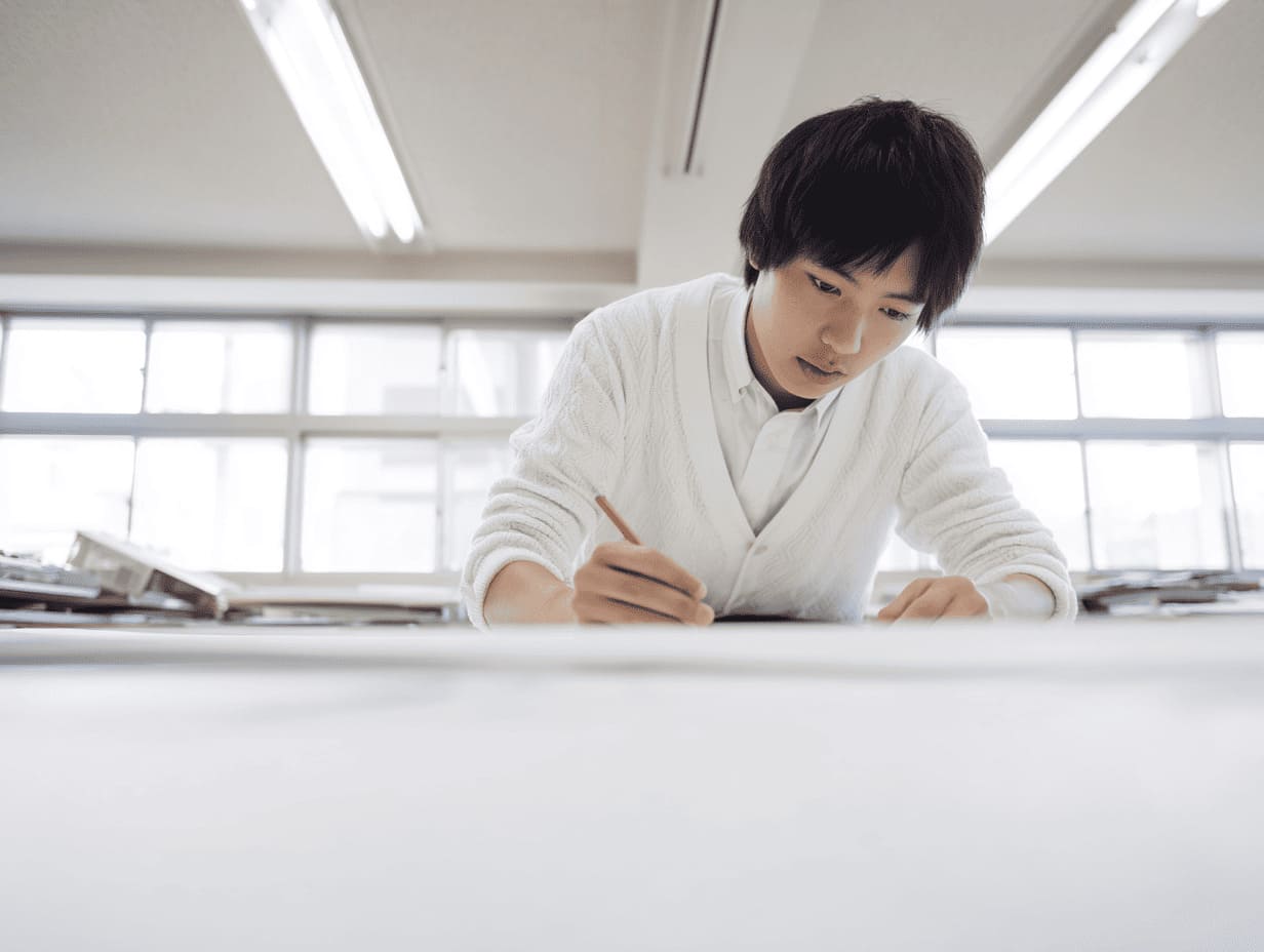 男性が手書きの製図をしている様子