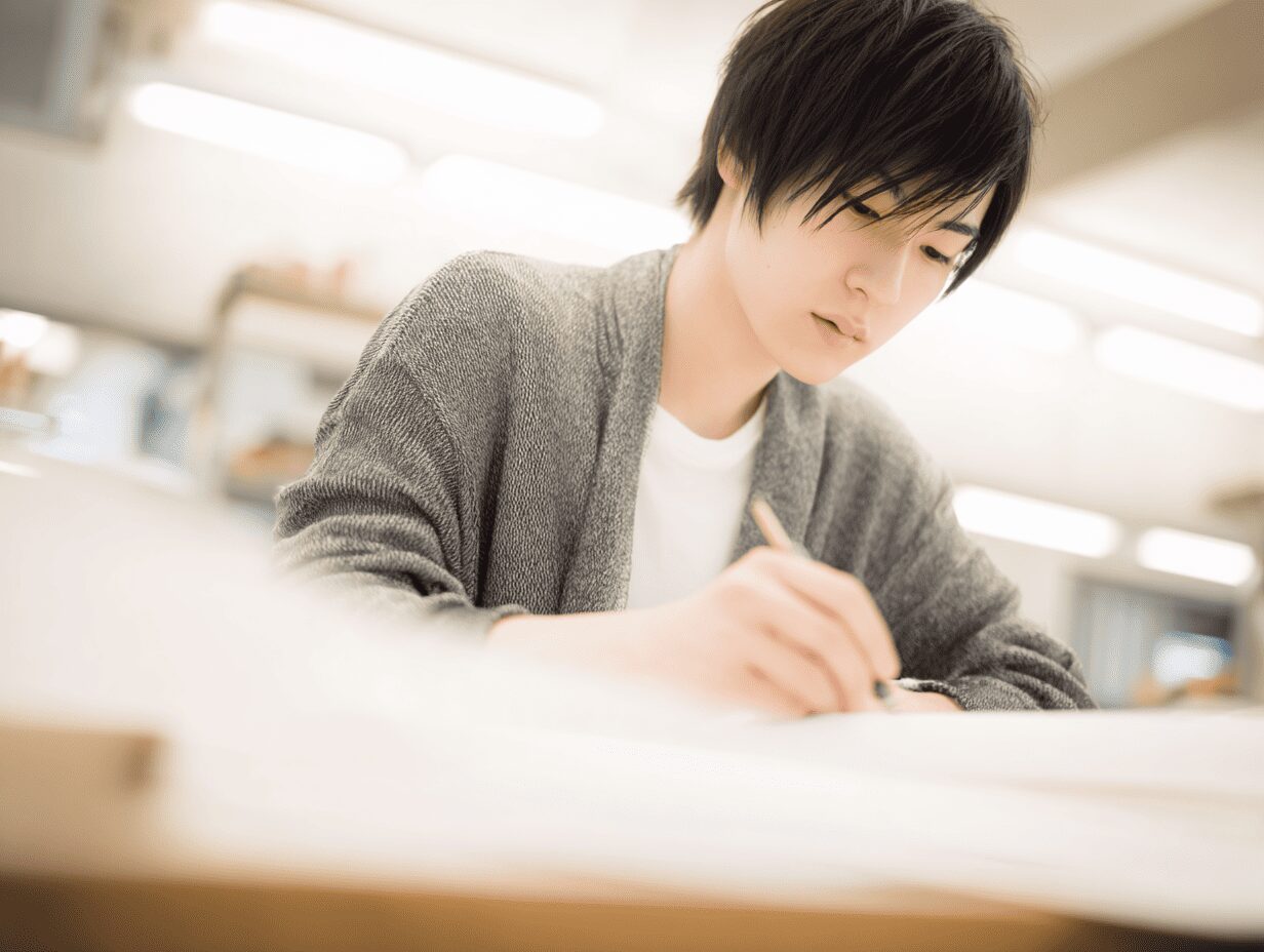 男性が手書きの製図をしている様子