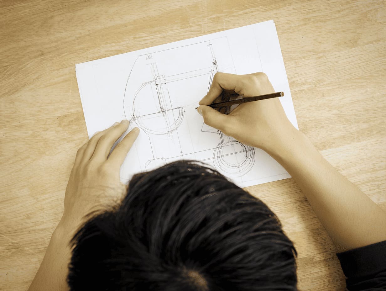 手書きの製図ラフを作成している男性
